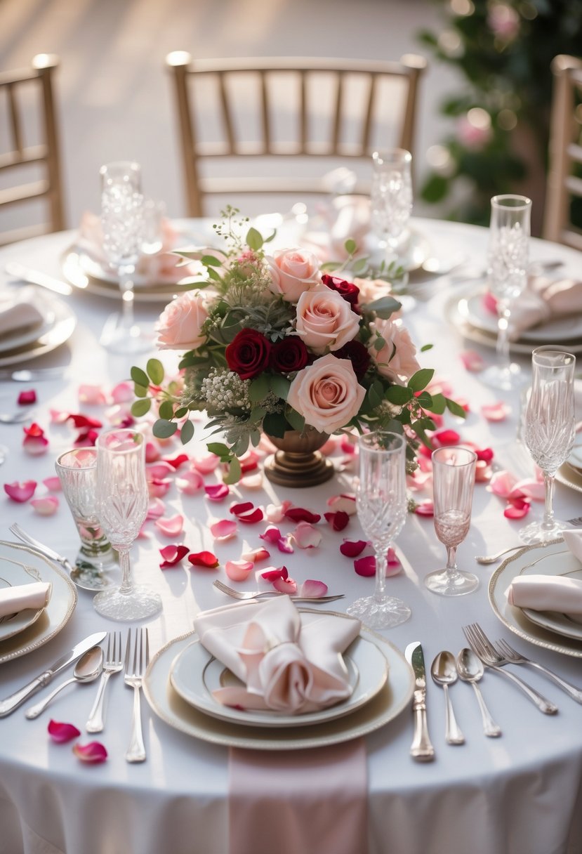 A round wedding table decorated with rose petal confetti, fine place settings, and a floral centerpiece.