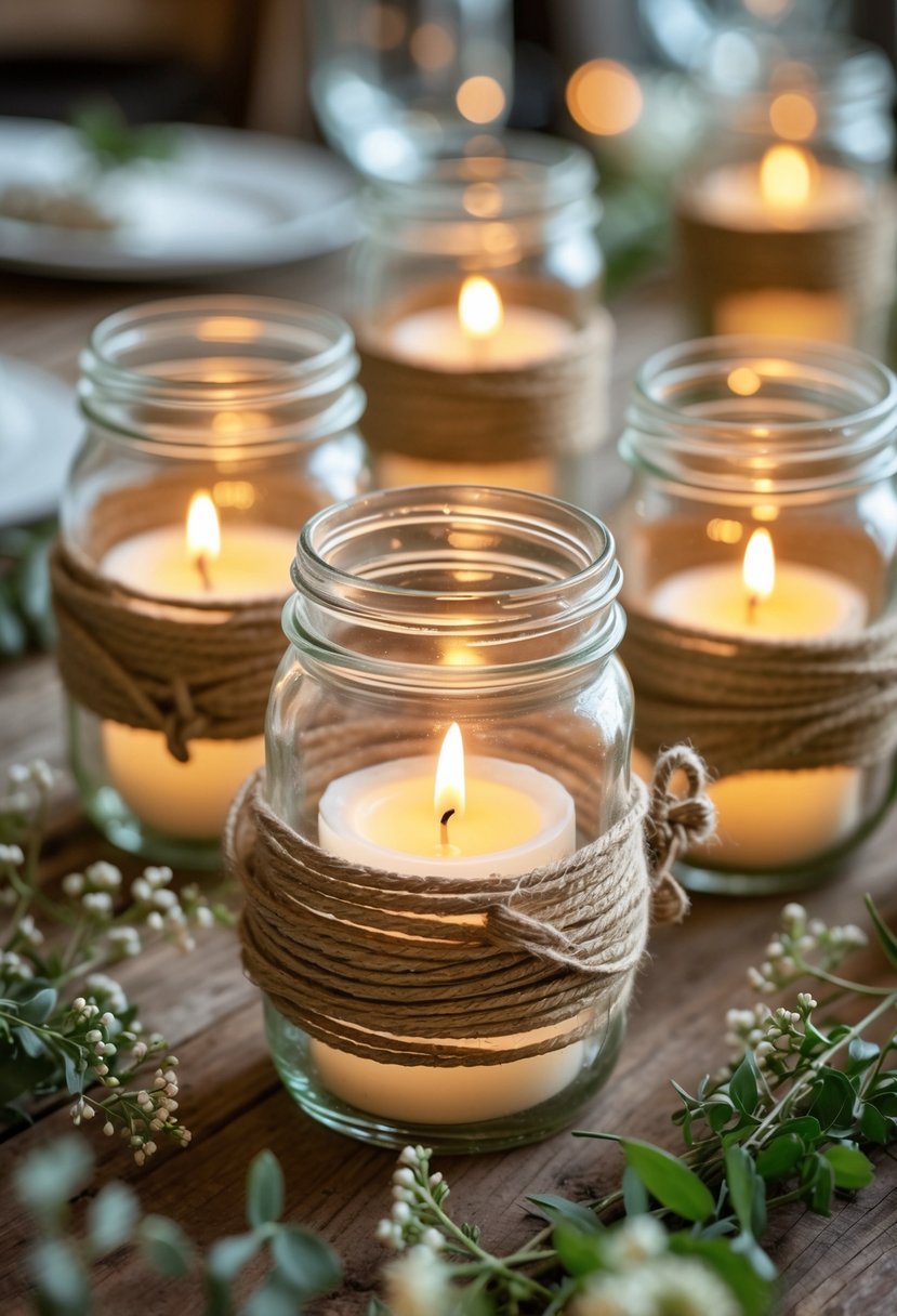 Several mason jars wrapped in twine with lit candles inside, arranged on a wooden table with greenery and small white flowers.