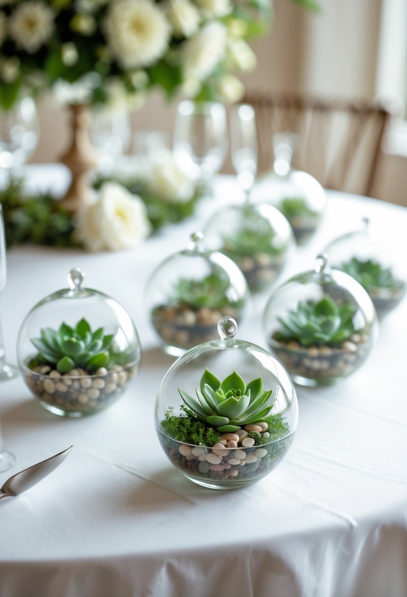 Miniature round glass terrariums with succulents arranged on a round wedding table with a white tablecloth.