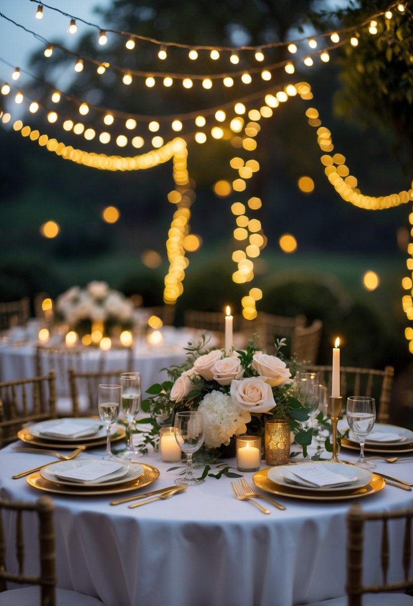 A round wedding table decorated with golden fairy lights, floral centerpieces, and candles set outdoors during twilight.