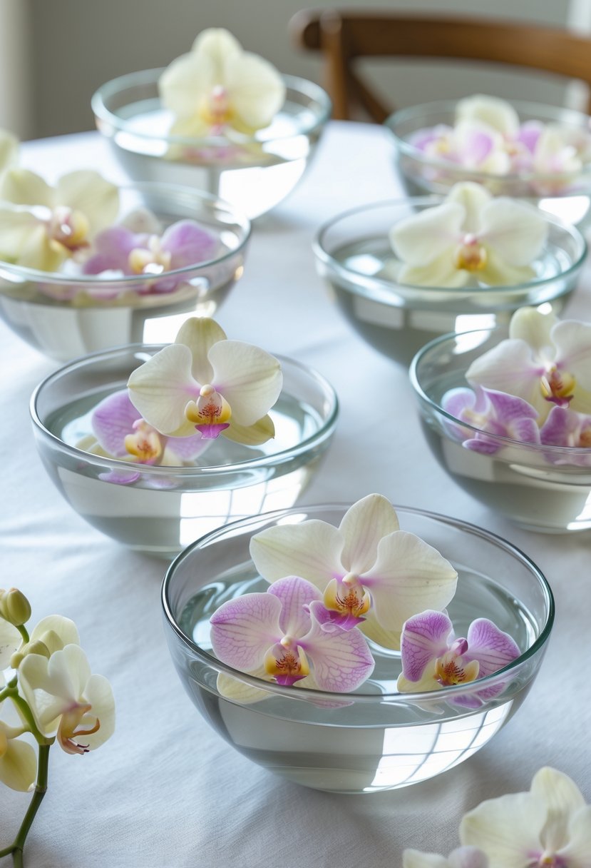 Glass bowls with floating orchid blossoms arranged on a round wedding table.