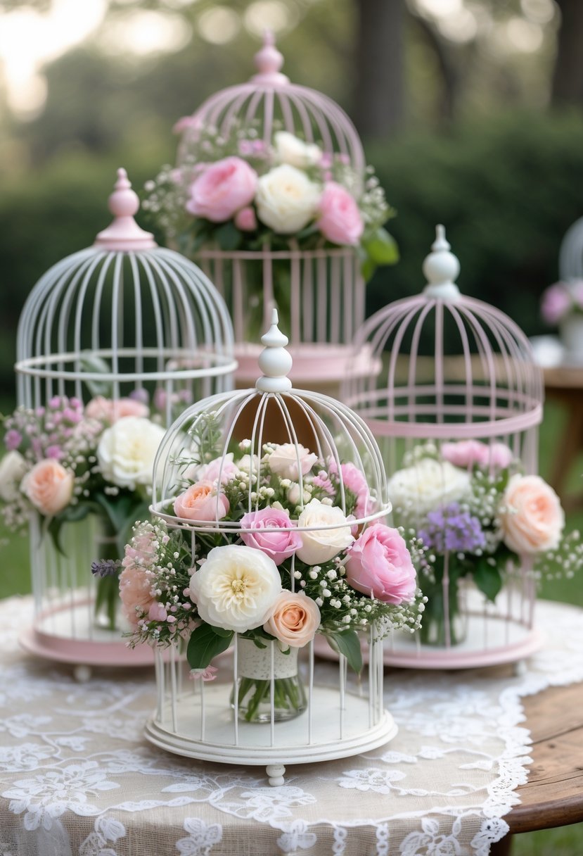 A round wedding table decorated with miniature birdcages filled with colorful flowers.