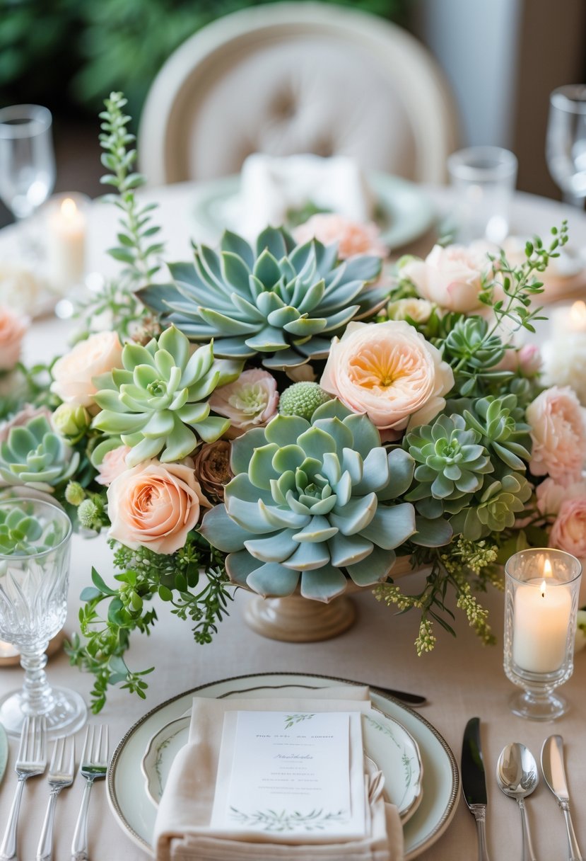A round wedding table decorated with succulent centerpieces and fresh flowers, set with tableware and candles.