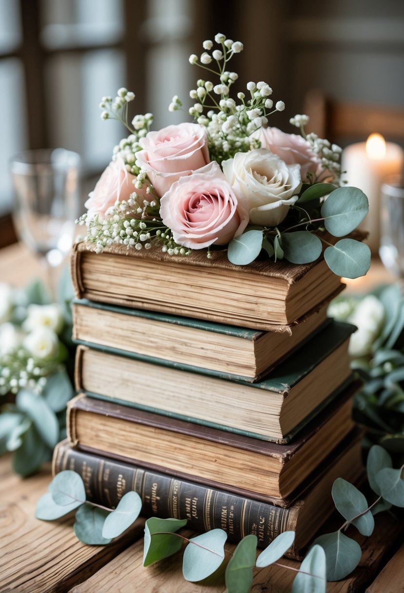 A stack of vintage books decorated with pink roses, white flowers, and green leaves on a wooden table.