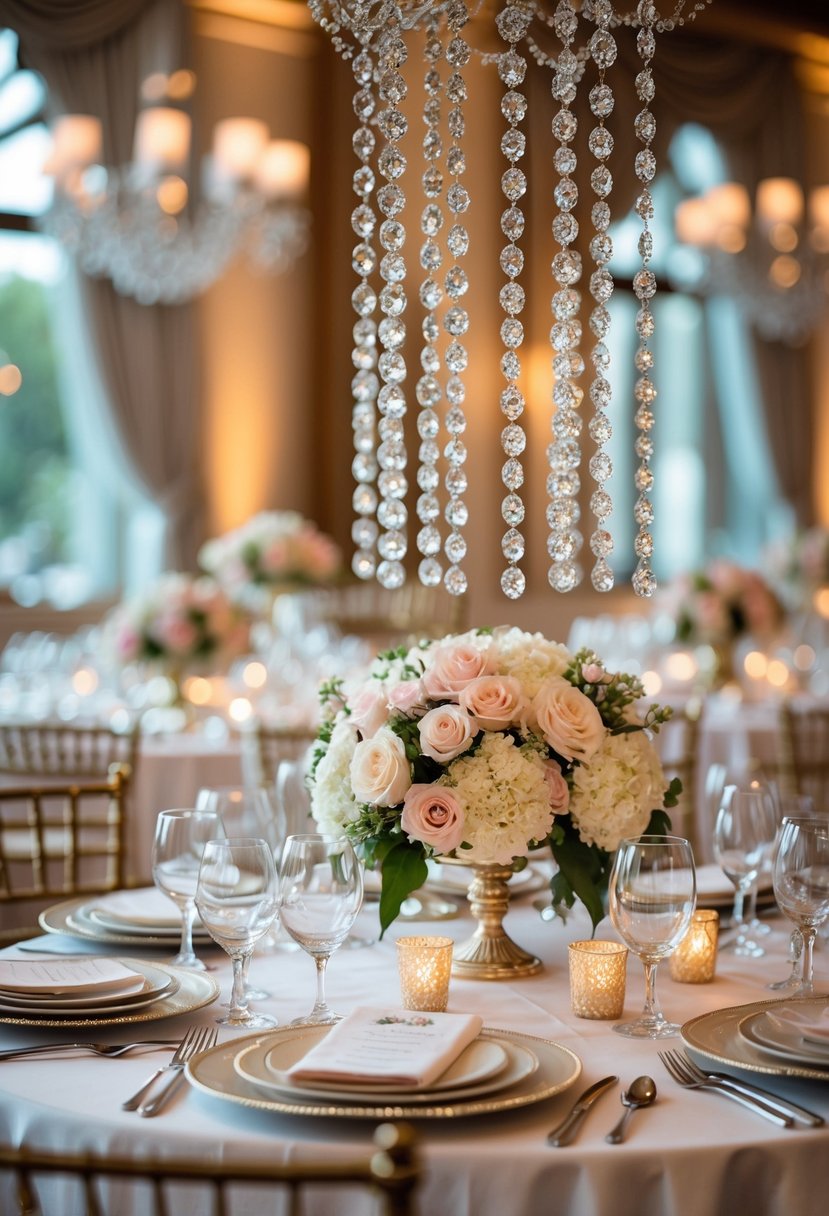 A wedding table decorated with crystal bead garlands, floral centerpieces, candles, and fine tableware.