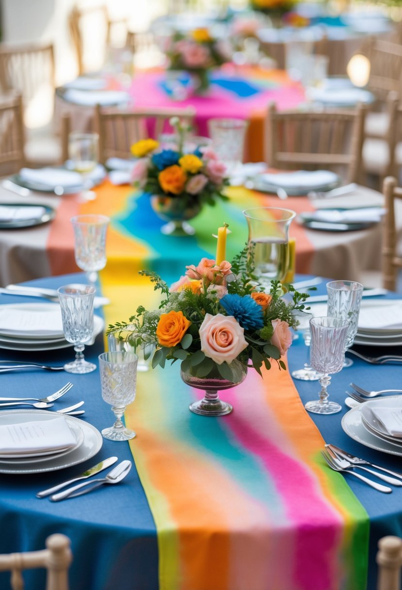 Round wedding table decorated with colorful ombre table runners, floral centerpieces, candles, and elegant table settings.