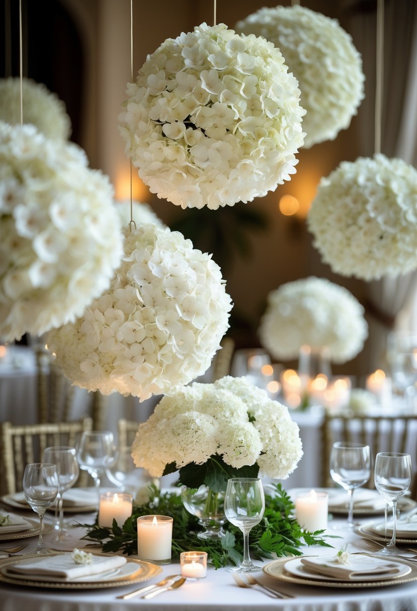 Round wedding table decorated with white hydrangea flower pomanders and elegant table settings.