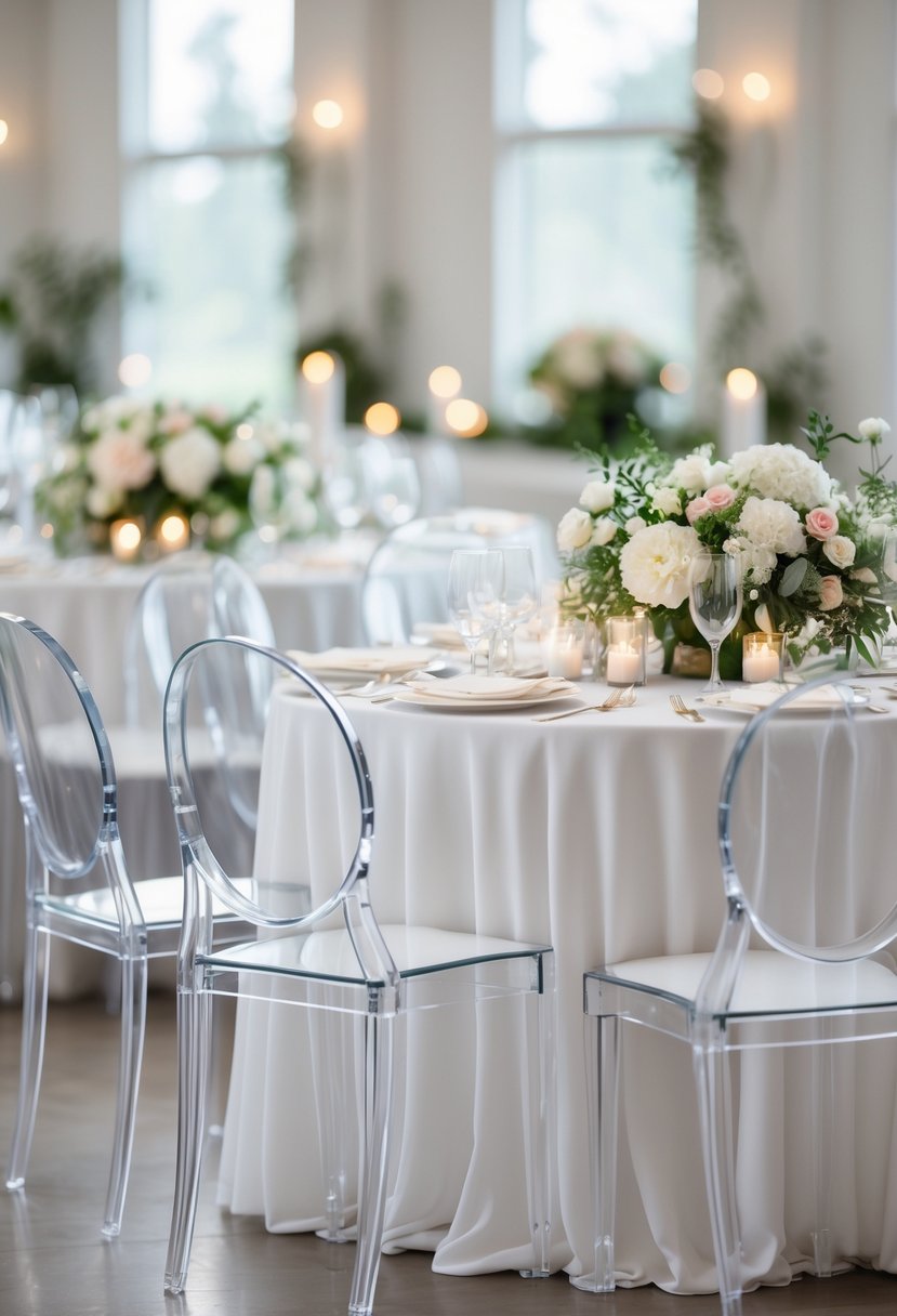 Round wedding table decorated with flowers and clear acrylic chairs arranged around it.