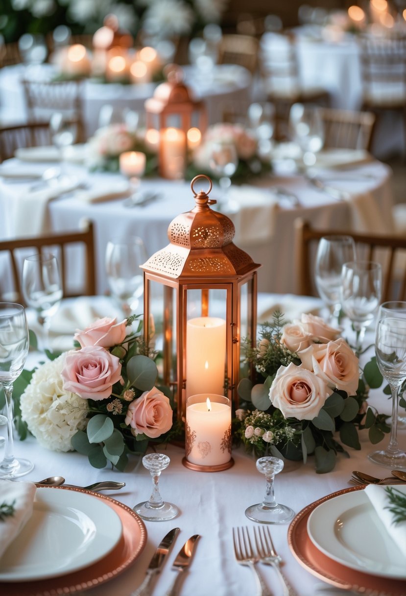 A round wedding table decorated with copper lantern centerpieces surrounded by flowers and elegant tableware.