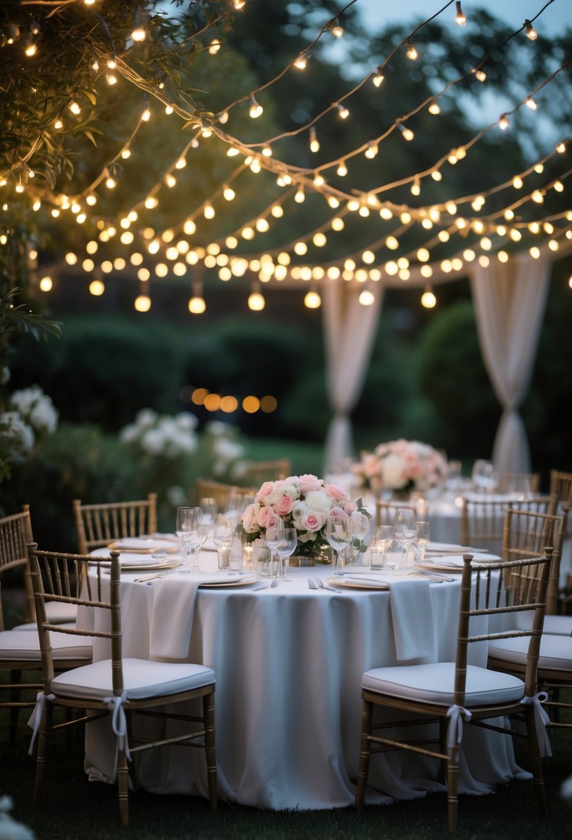 A round wedding table decorated with flowers and fine tableware under hanging fairy lights in an outdoor garden setting at twilight.
