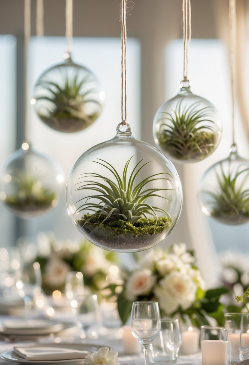 Hanging glass terrariums with air plants suspended above a decorated wedding table.