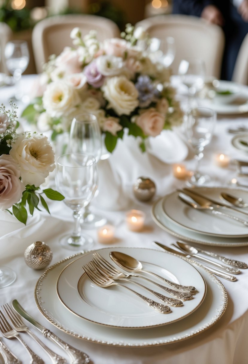 A wedding table set with vintage silverware, white tablecloth, floral centerpieces, and fine china plates.
