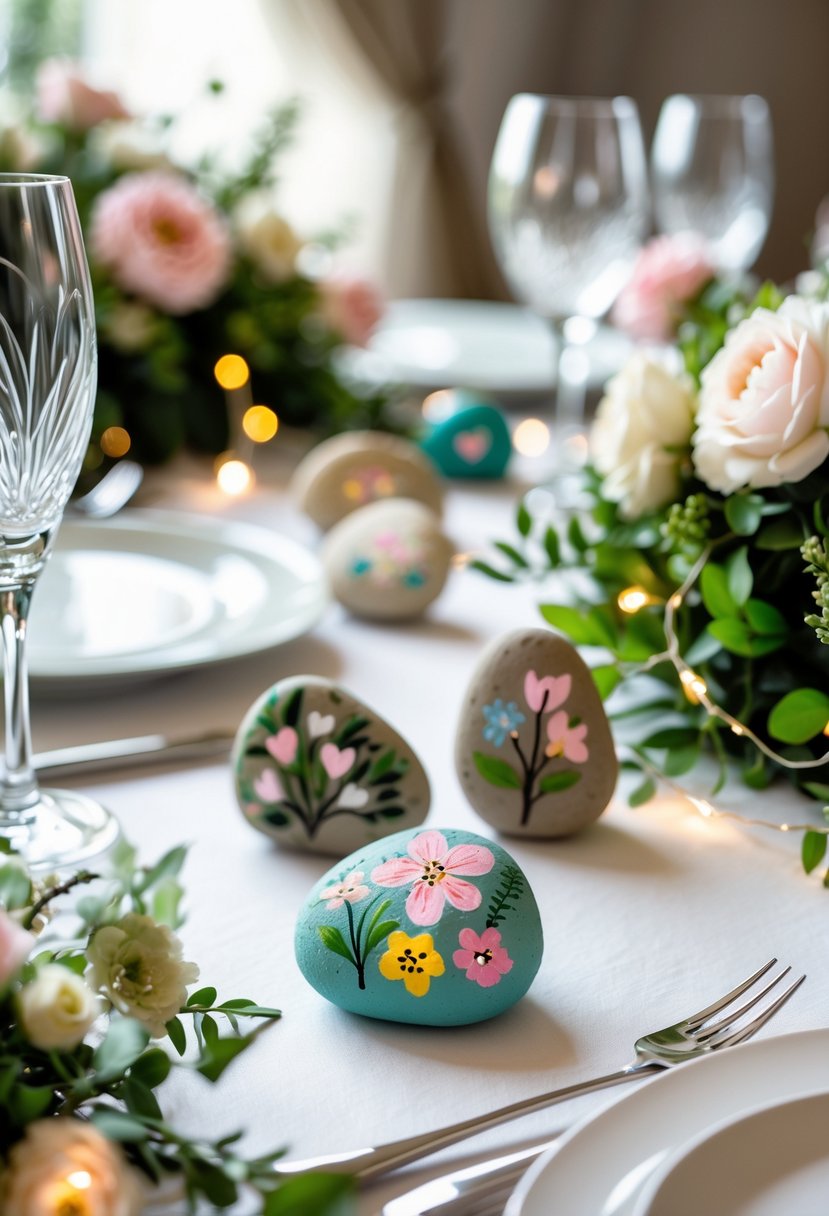 Close-up of a round wedding table decorated with painted rocks as place markers, surrounded by flowers, plates, and glassware.