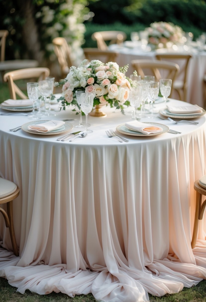 A round wedding table outdoors with draped chiffon skirts, floral centerpieces, and elegant table settings.