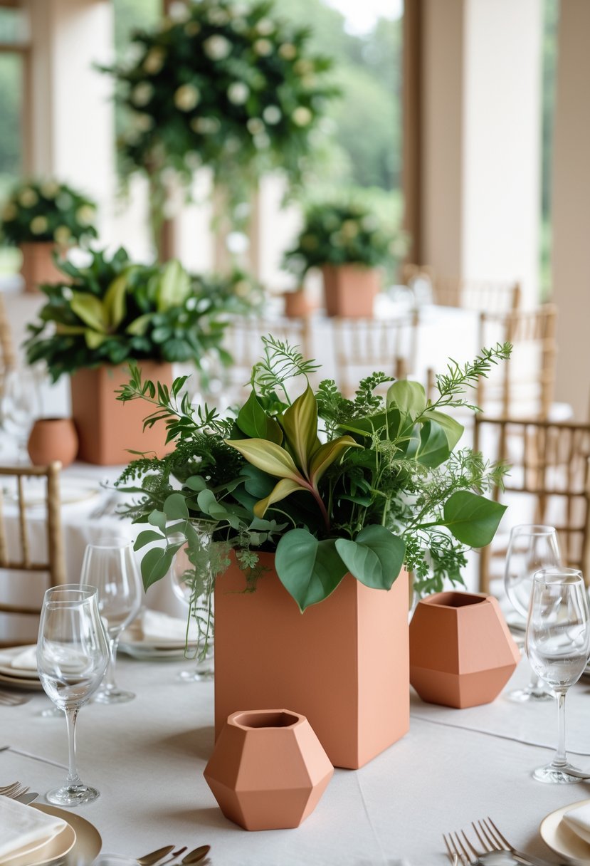 Round wedding table decorated with geometric terracotta pots containing green plants.