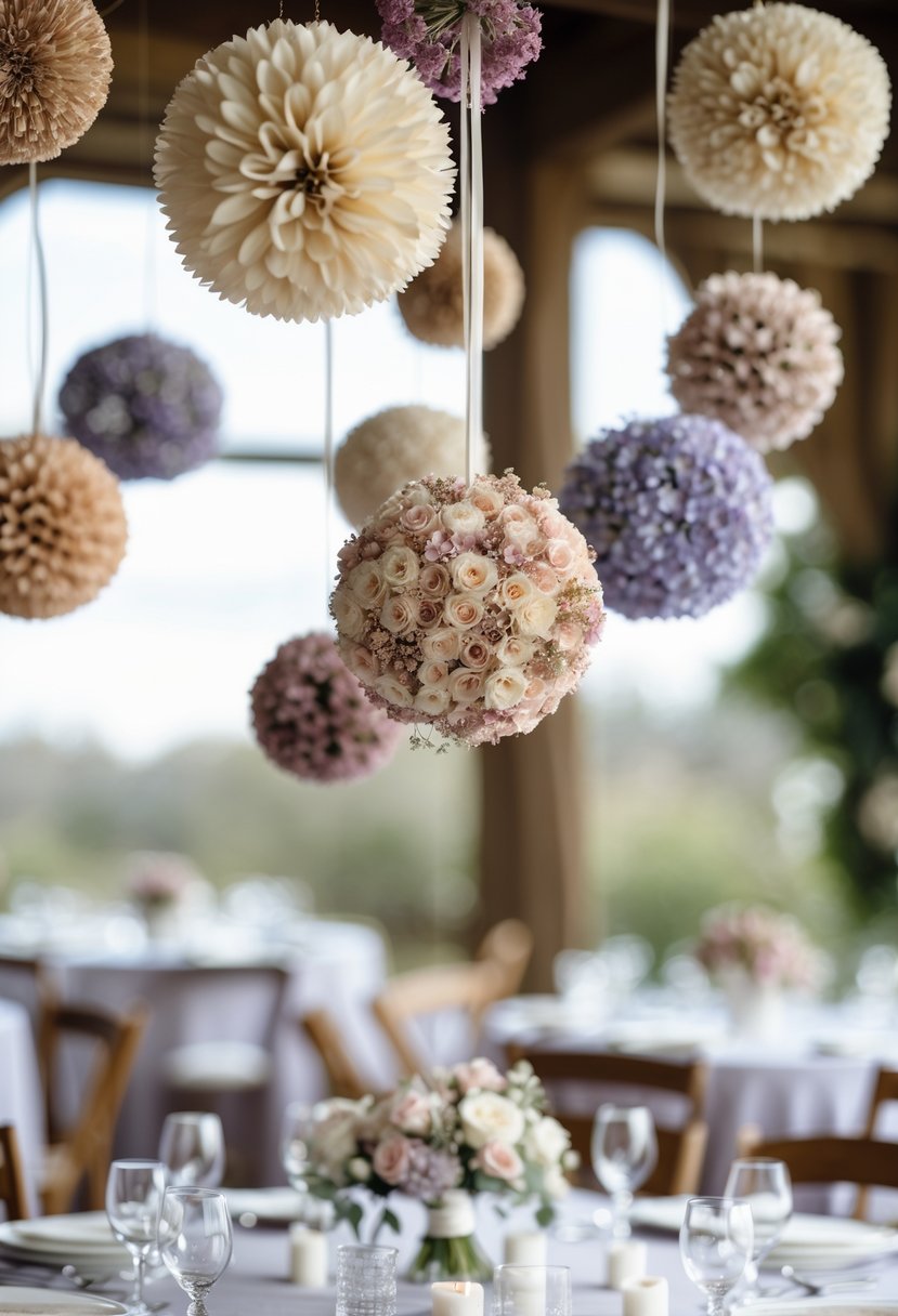 Round wedding tables decorated with dried flower pomanders hanging above them.