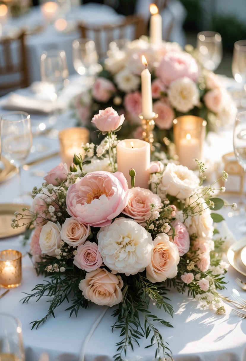 A round wedding table decorated with champagne blush flowers and candles.