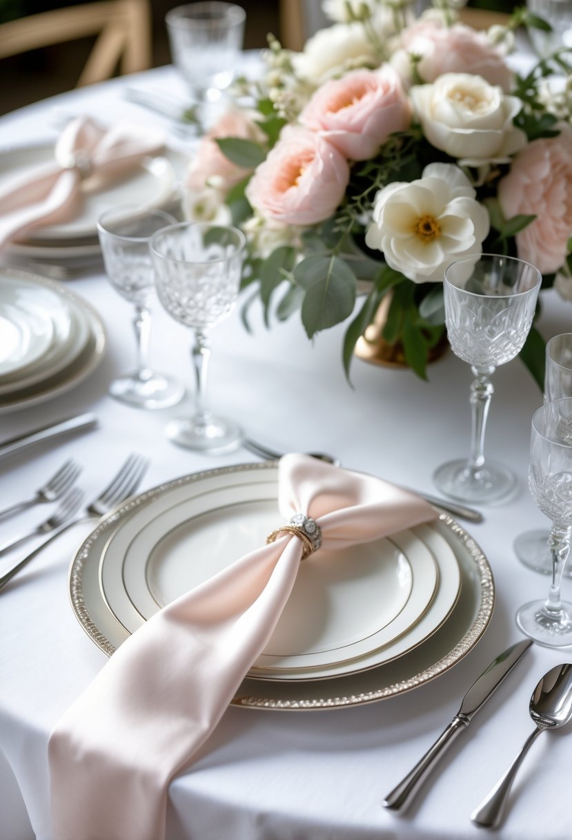 Round wedding table decorated with silk ribbon tied napkins, fine china, glassware, and floral centerpiece.