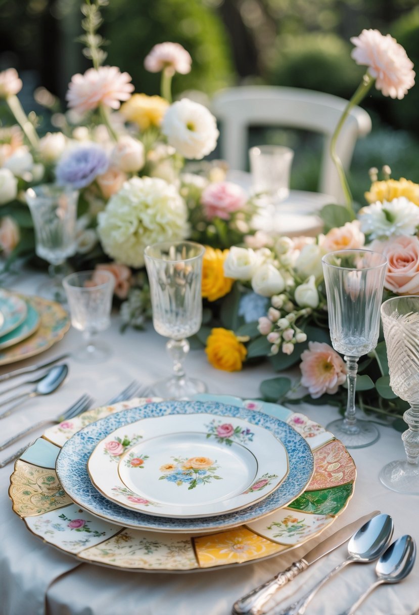 A round wedding table decorated with a variety of mismatched vintage china plates, fresh flowers, and elegant table settings outdoors.