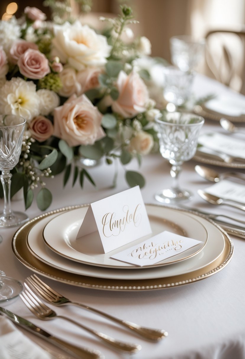 Close-up of a round wedding table set with floral arrangements, place cards, silverware, and glassware.