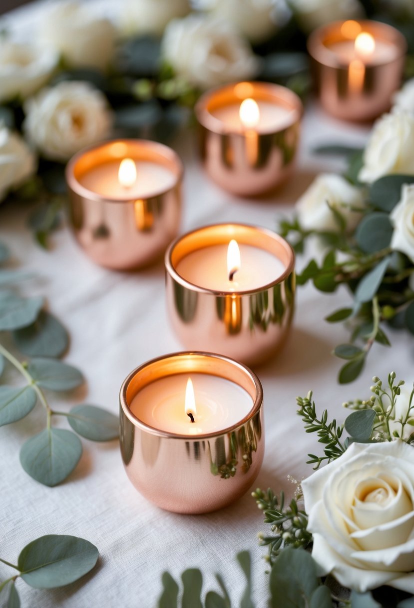 Round rose gold votive candle holders glowing softly on a wedding table surrounded by white flowers and greenery.