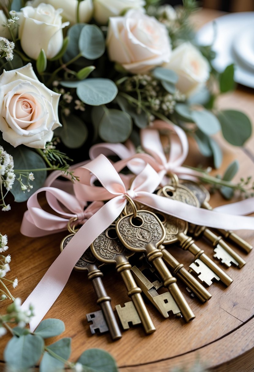 Close-up of antique keys tied with ribbons arranged on a round table with flowers as wedding favors.