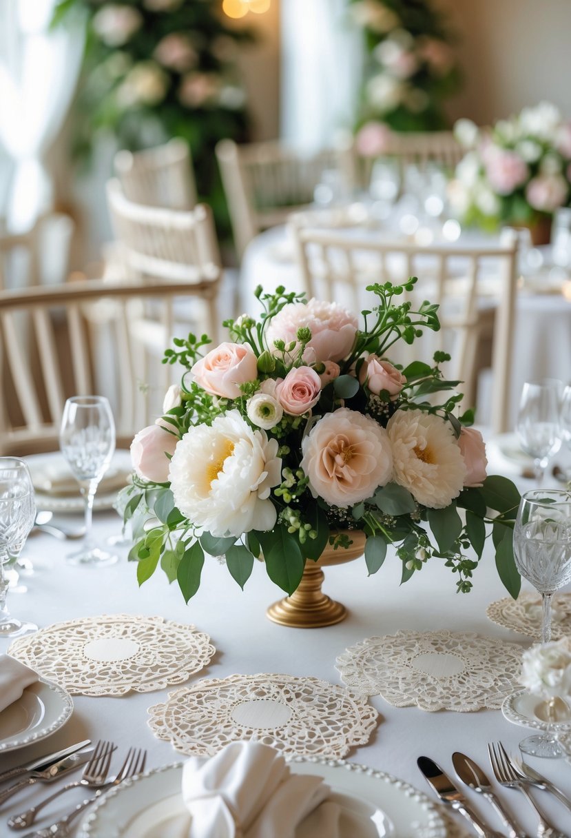 Round wedding table decorated with layered lace doilies and floral centerpieces.