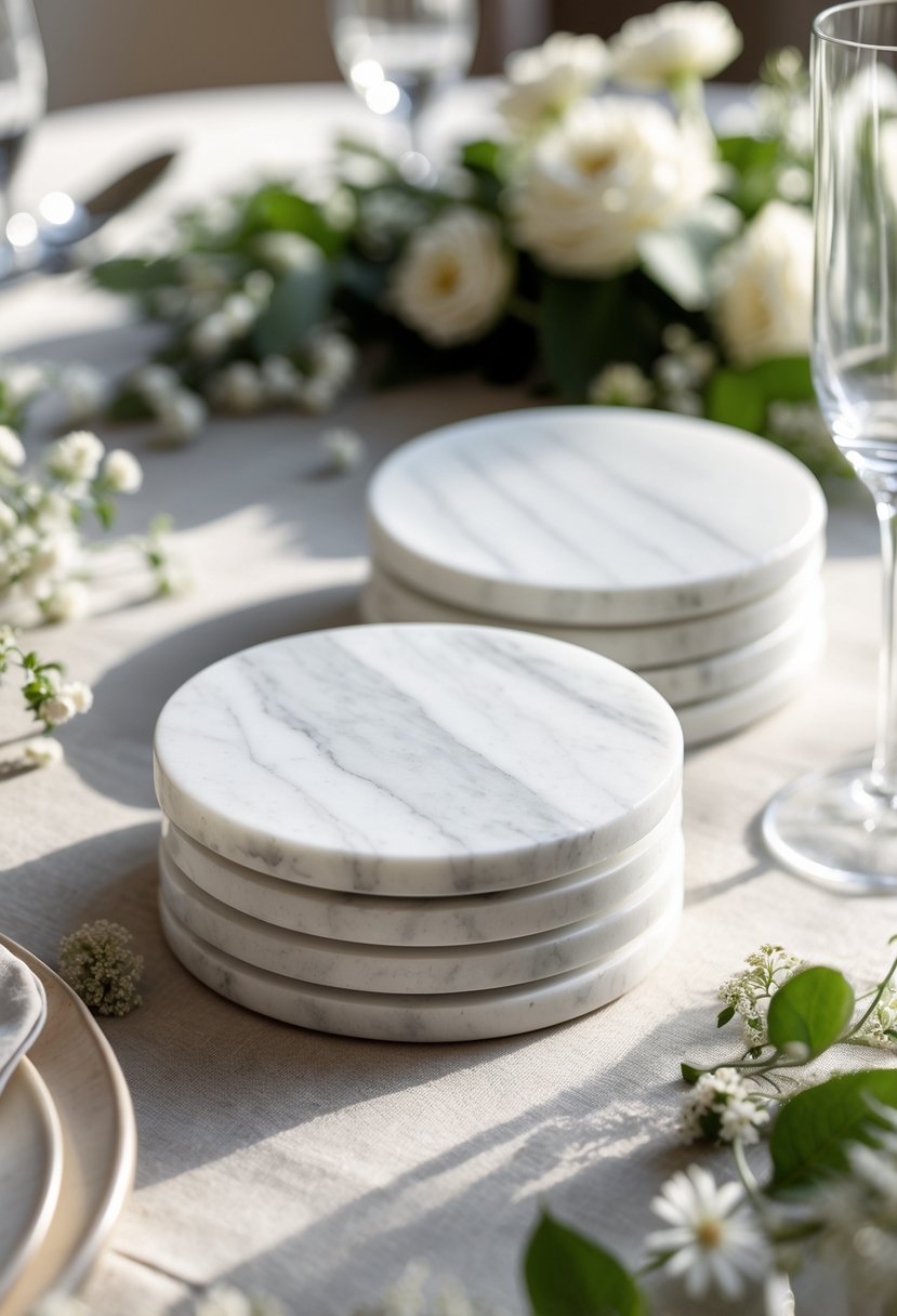 Round marble coasters arranged on a wedding table with flowers and glassware.