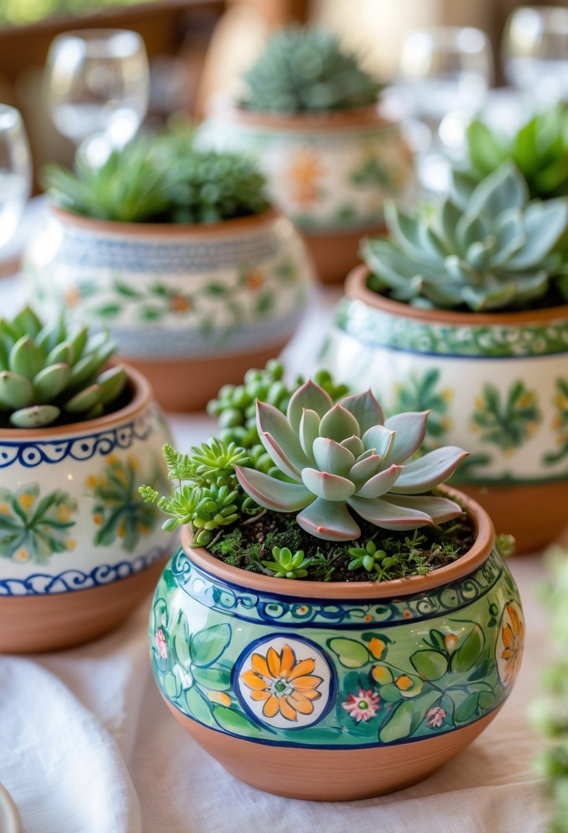 Hand-painted ceramic pots with succulents arranged on a wedding table.