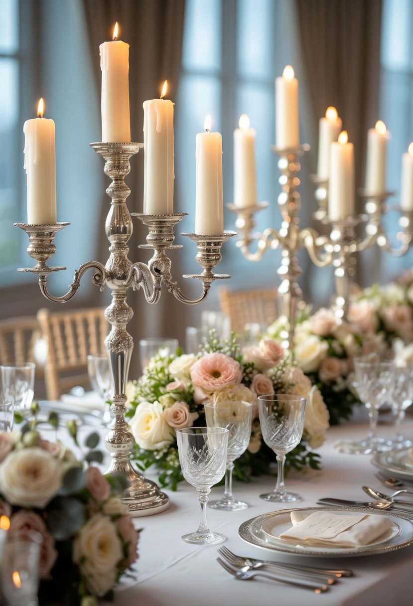 A round wedding table decorated with elegant silver candelabras holding lit white tapered candles and floral arrangements.