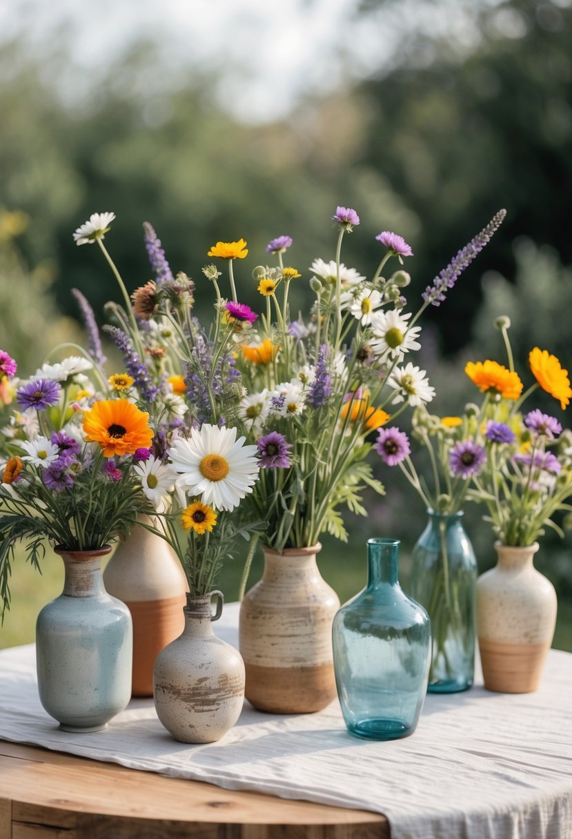 A round wedding table outdoors with wildflower bouquets in various mismatched vases arranged as decorations.