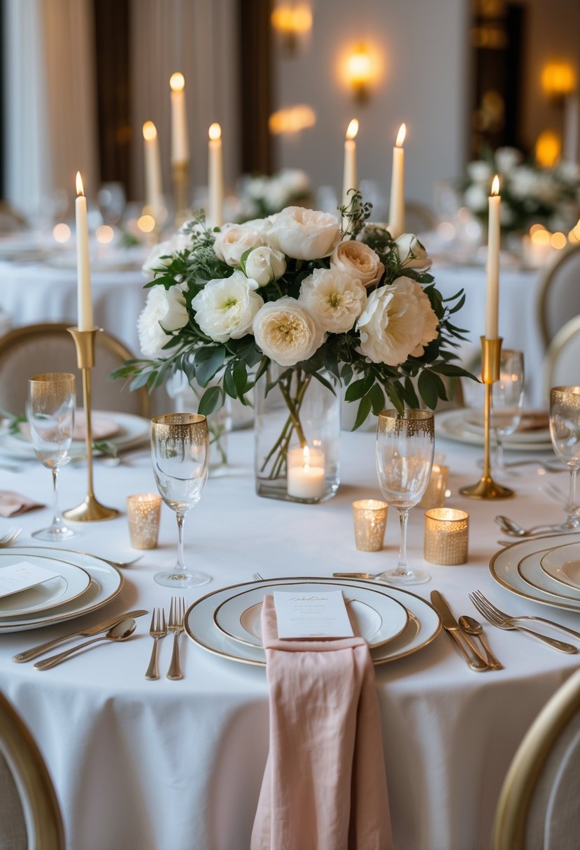 A round wedding table decorated with white flowers, candles, glassware, and fine place settings in an elegant venue.