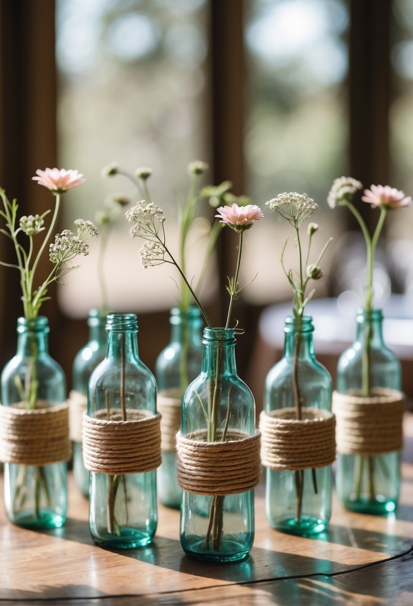 Round wooden table decorated with vintage glass bottles wrapped in twine, each holding a single flower stem.