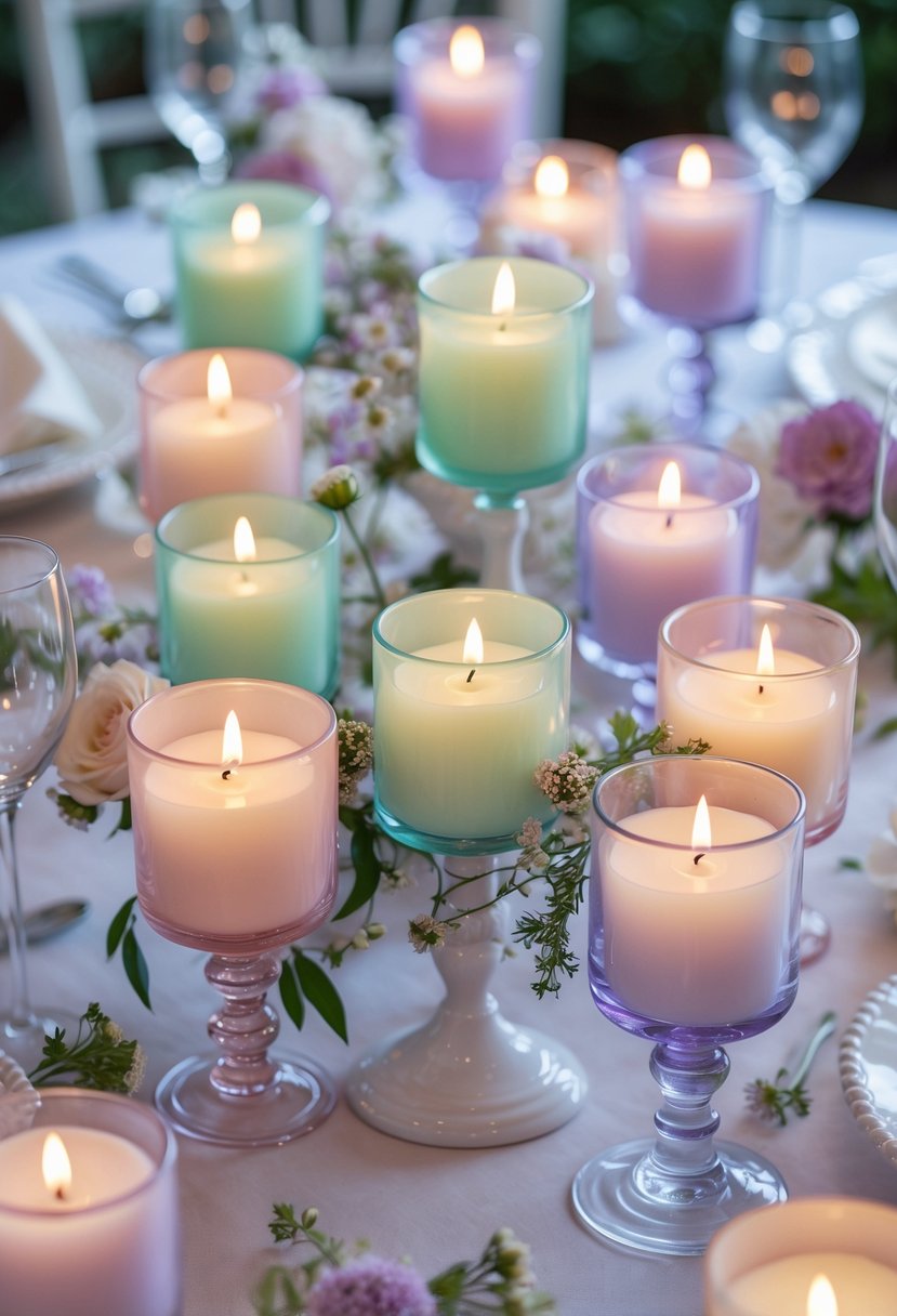 A round wedding table decorated with colorful glass candle holders glowing softly, surrounded by small flowers and greenery.