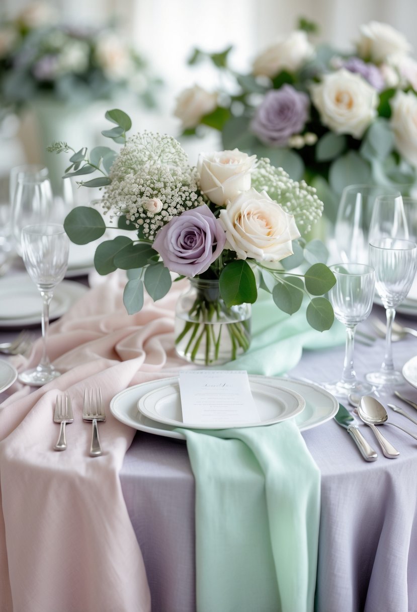 A round wedding table decorated with pastel linen overlays, floral arrangements, plates, cutlery, and glasses.