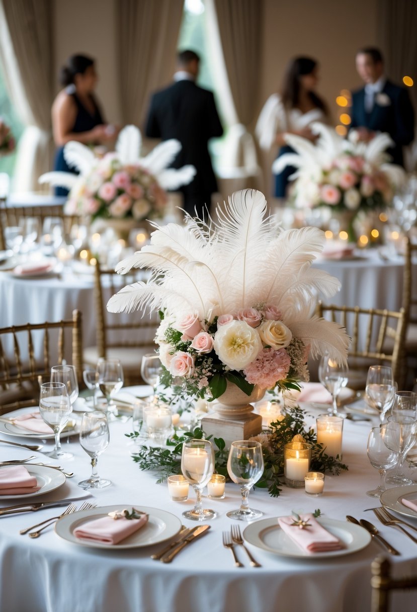 Round wedding tables decorated with delicate feathers, floral centerpieces, candles, and tableware in a softly lit reception setting.