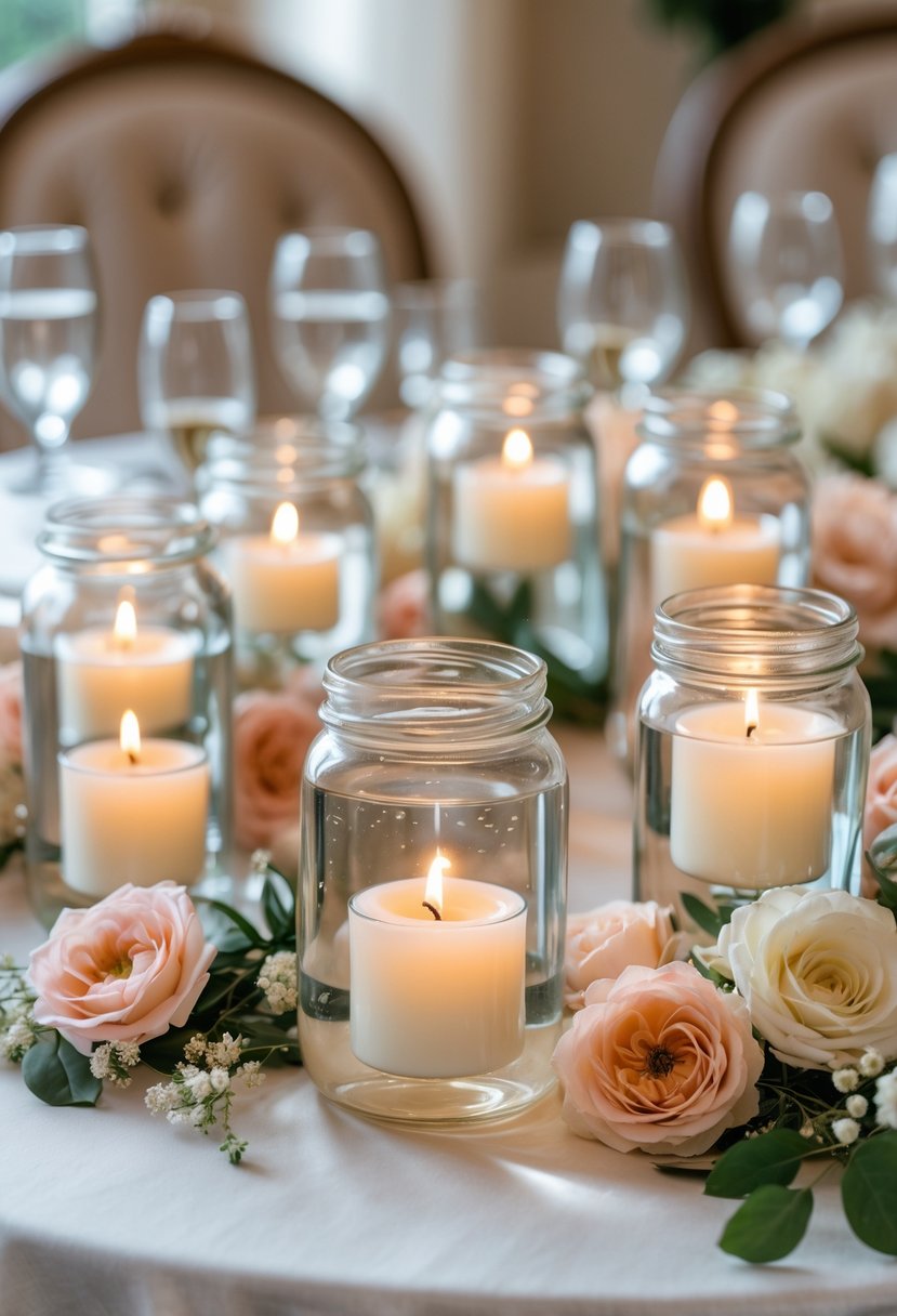 A round wedding table decorated with glass jars holding floating lit candles and surrounded by pastel flowers and greenery.
