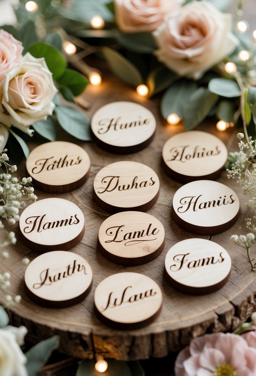 A collection of round wooden name tags arranged on a wedding table with flowers and greenery.