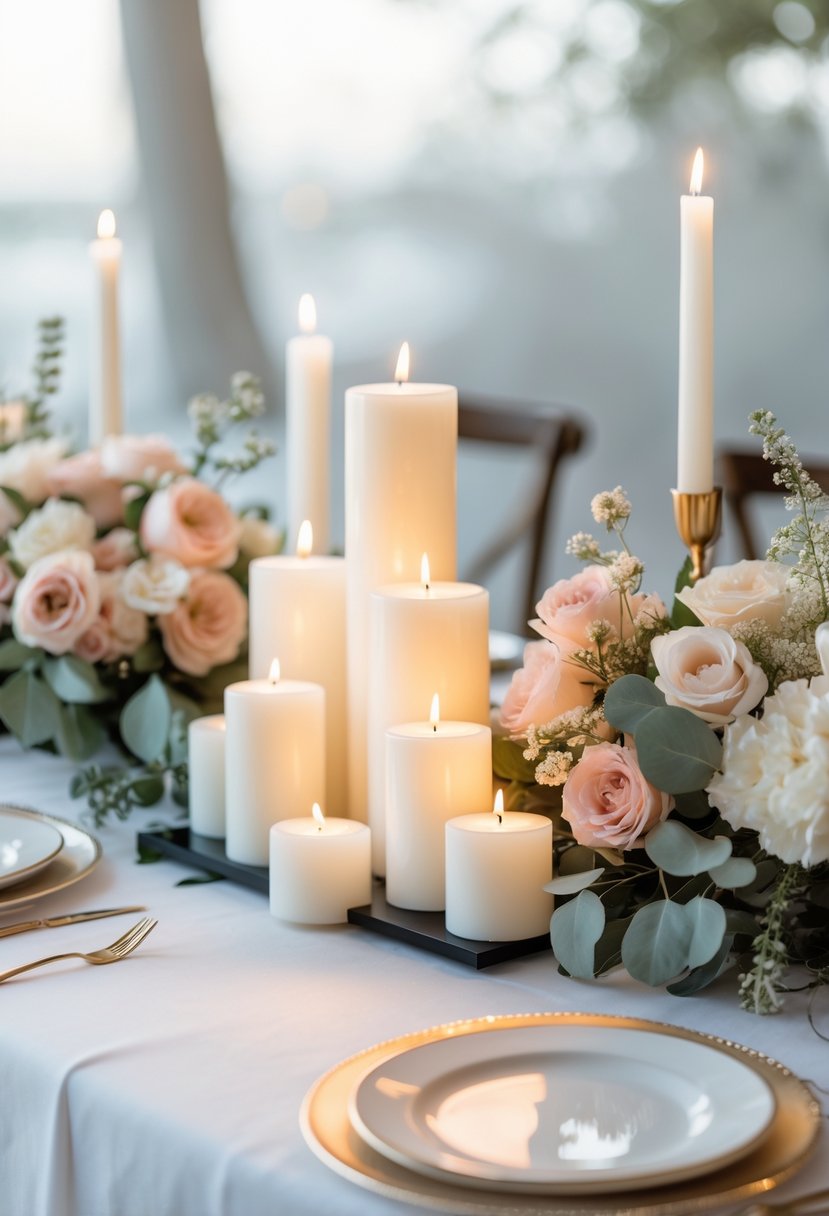 A round wedding table decorated with clusters of white candles and pastel flowers arranged low on a white tablecloth.
