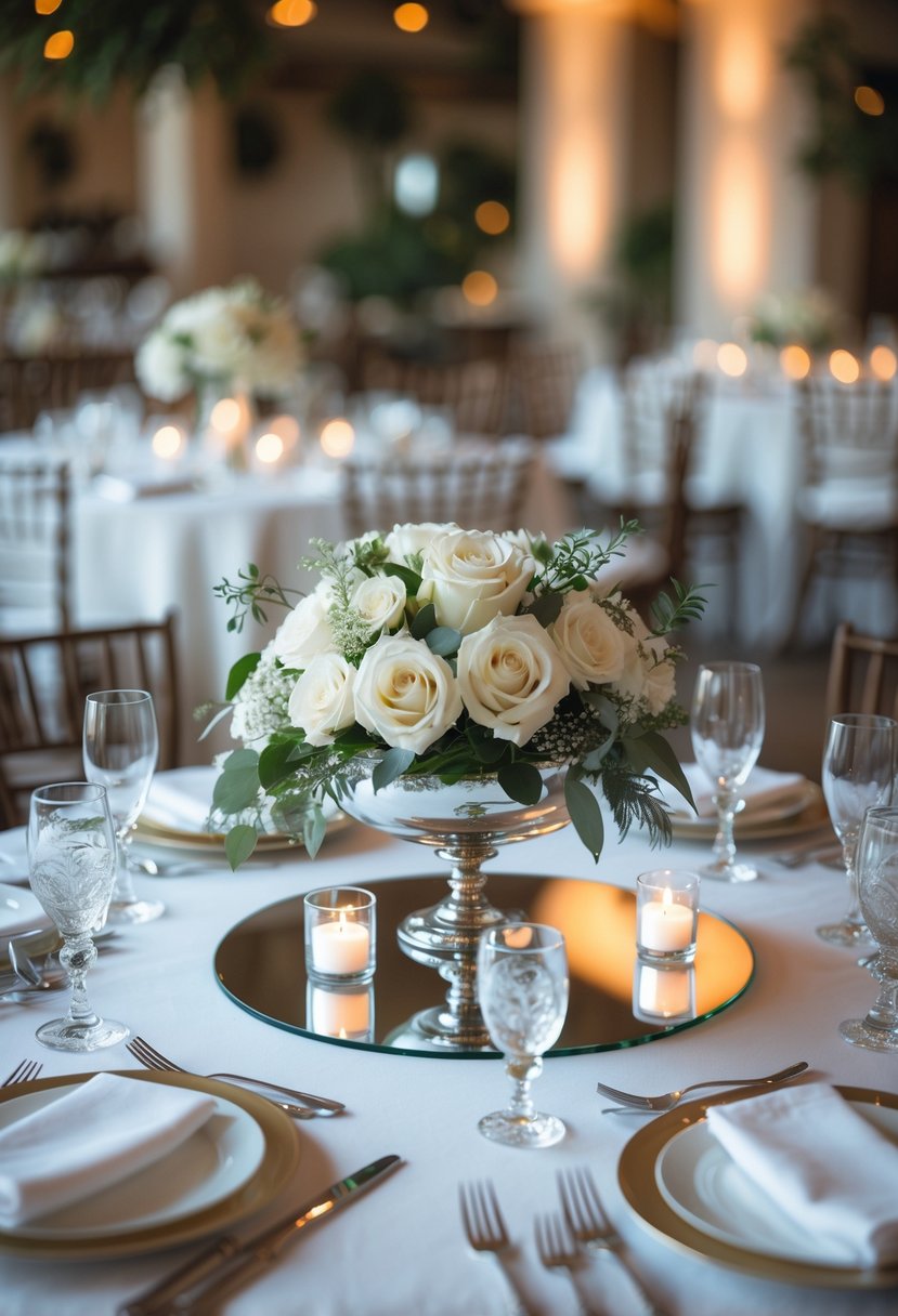 A round wedding table with a mirror base centerpiece featuring white flowers and candles, set with white tablecloth, silverware, and glassware.