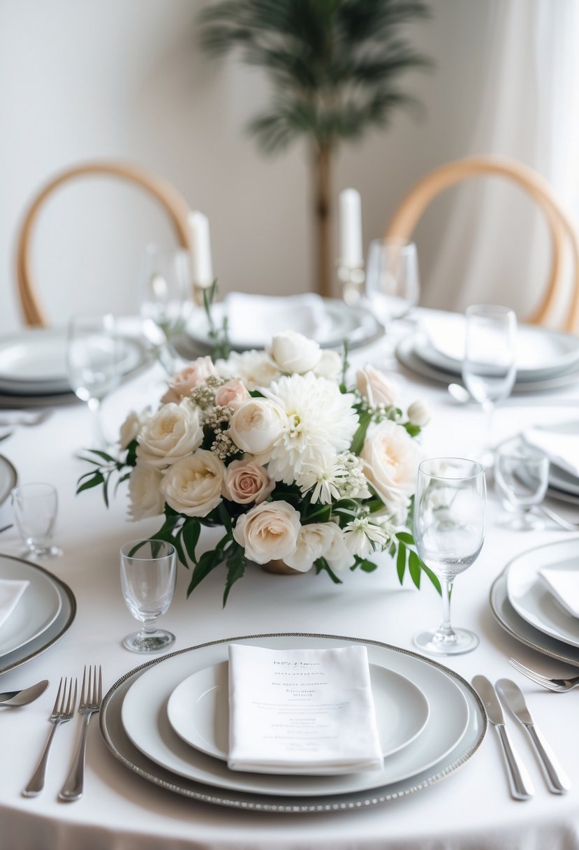 A round wedding table set with white plates, silver cutlery, clear glasses, and a small floral centerpiece with white and blush flowers.
