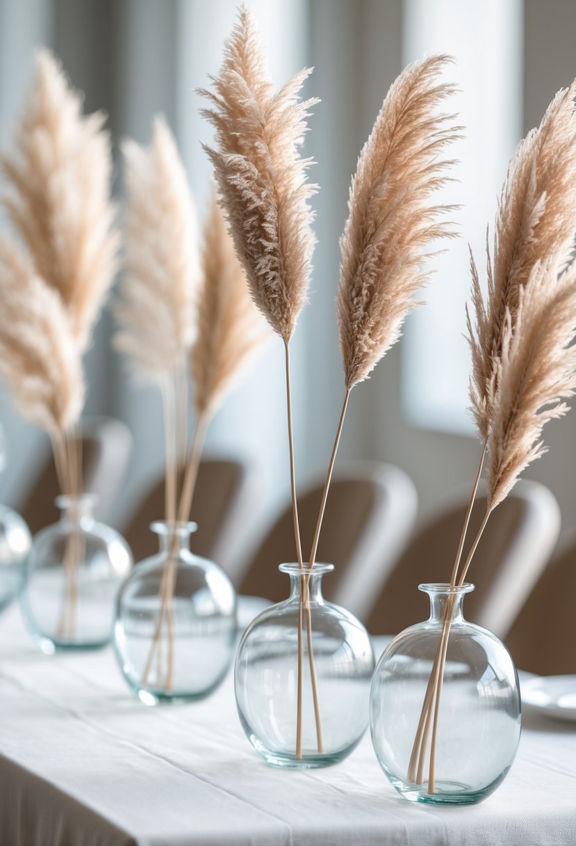 A wedding table with clear glass vases, each containing a single dried pampas grass stem.