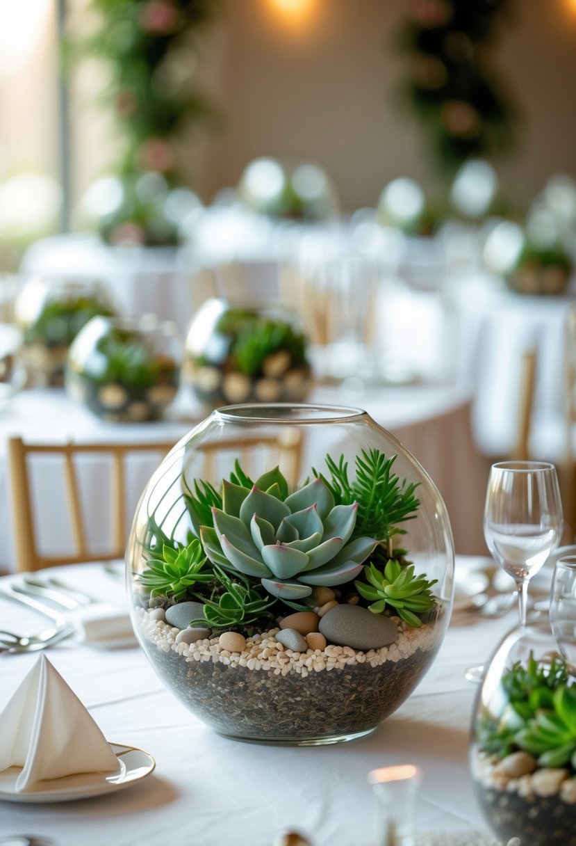 Round wedding tables decorated with glass terrariums filled with green succulents and stones in an elegant reception setting.