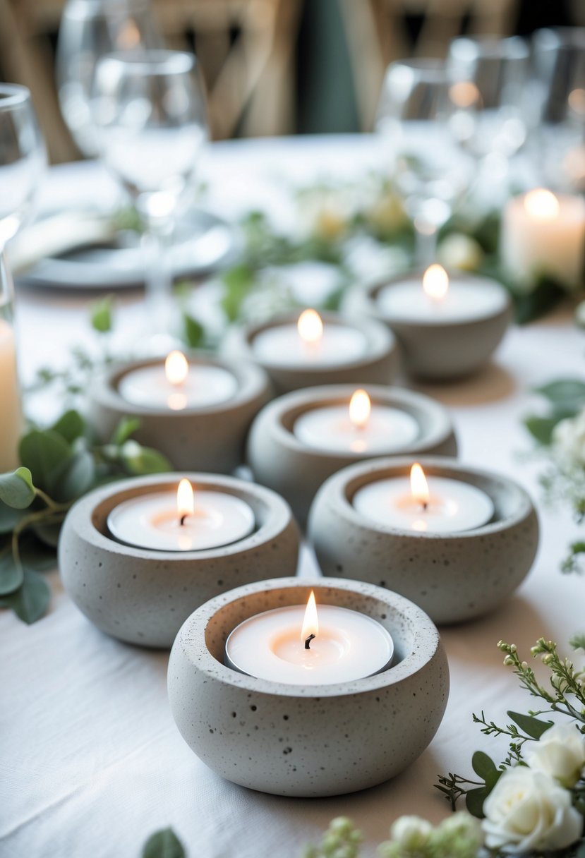 A close-up of round concrete tealight holders with white candles on a wedding table decorated with greenery and flowers.