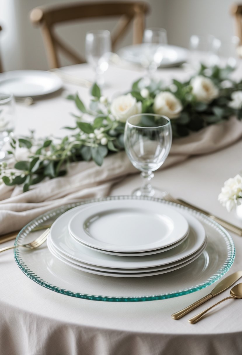 A round wedding table with clear glass chargers, white plates, and simple floral decorations.