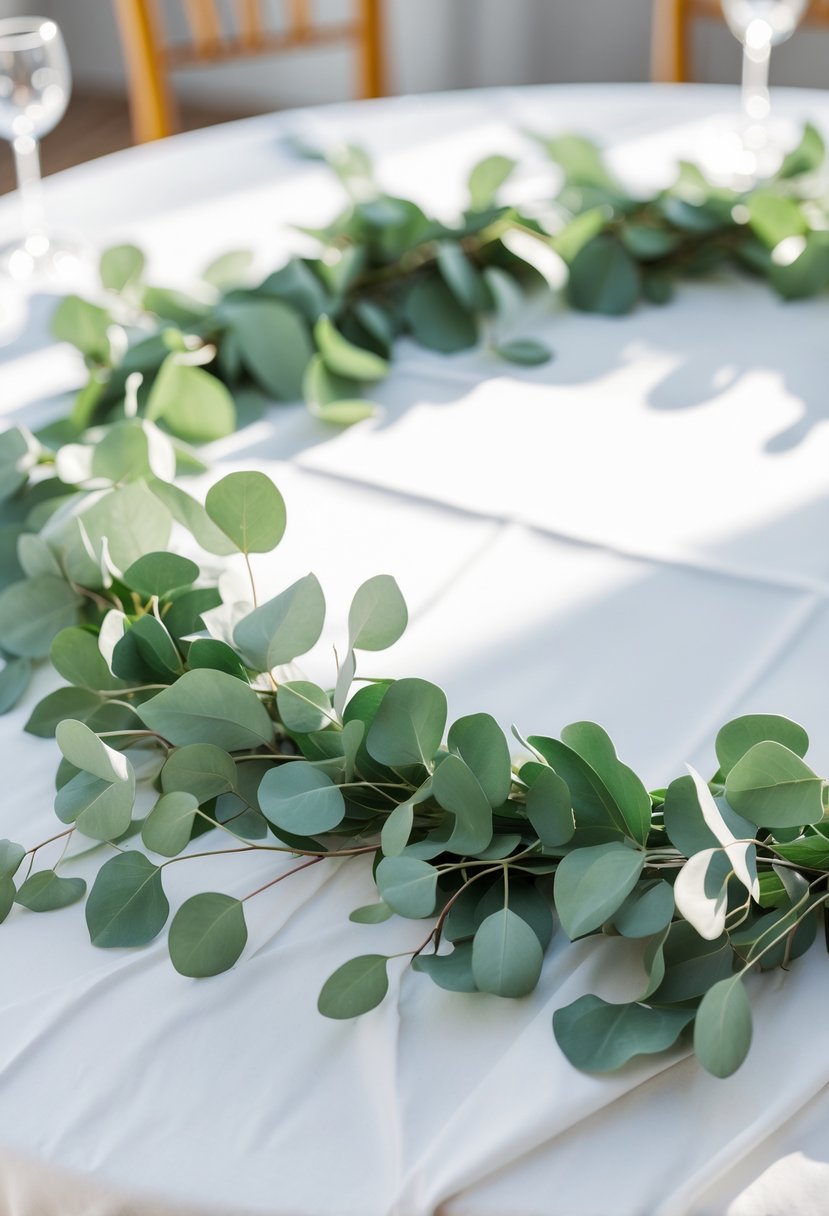 A round wedding table with a simple eucalyptus garland centerpiece on a white tablecloth.