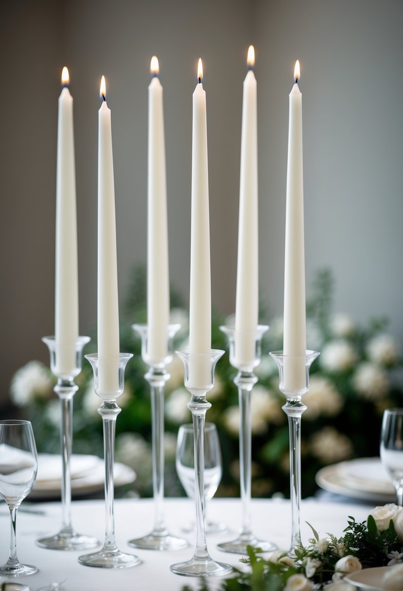 Slim tall white taper candles in glass holders arranged on a round wedding table with simple decorations.