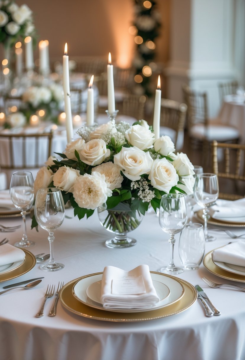 A round wedding table decorated with white flowers, candles, glassware, and neatly arranged plates and cutlery.