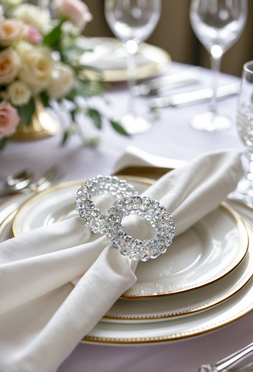 A wedding table set with white napkins held by round crystal bead napkin rings, surrounded by plates, silverware, and floral decorations.