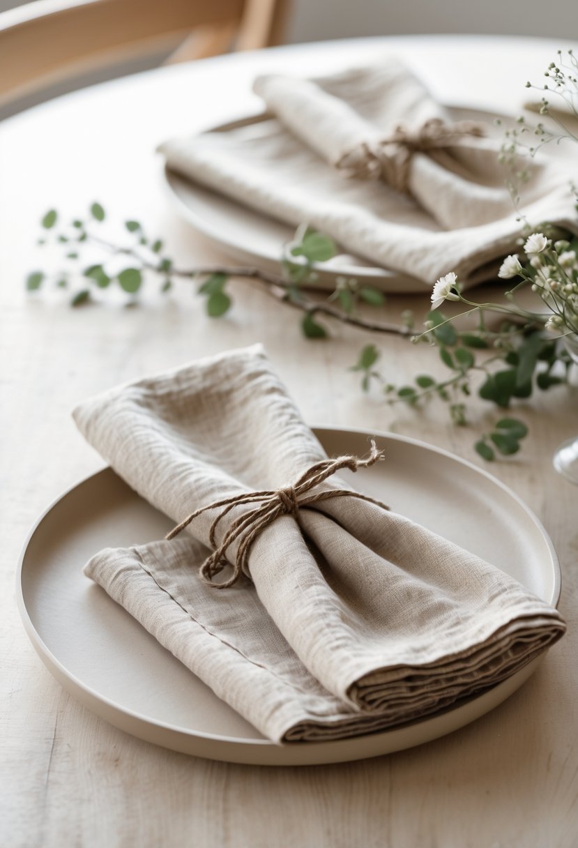 A round wedding table with neutral linen napkins tied with twine, decorated with greenery and small white flowers.